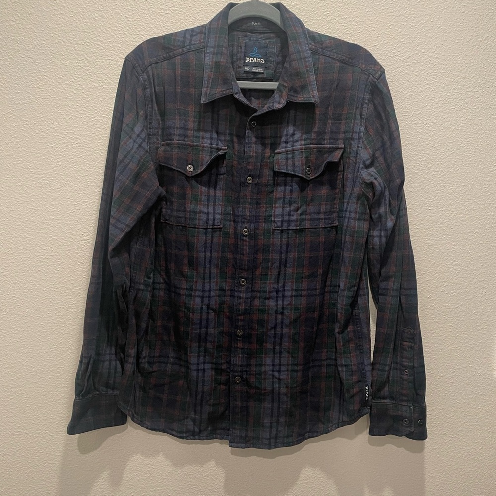 prAna Shirt Mens M Plaid Slim Fit Organic Cotton Flannel Button Down